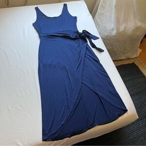 REFORMATION blue tencel lyocell spandex knit sleeveless scoop midi wrap dress